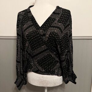 Calista Brand Black and White Bandana Paisley Print Wrap Top